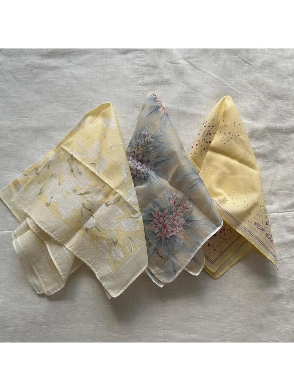 Pastel Floral Bandana Scarf Set of 3 Butter Yellow Tulip Print Vintage